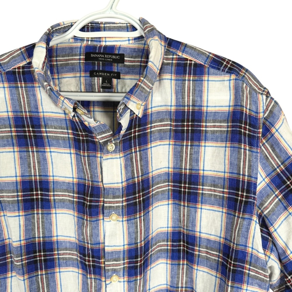 Banana Republic Camden‎ Fit 100% Linen Shirt Button Down Mens L Blue Plaid S/S